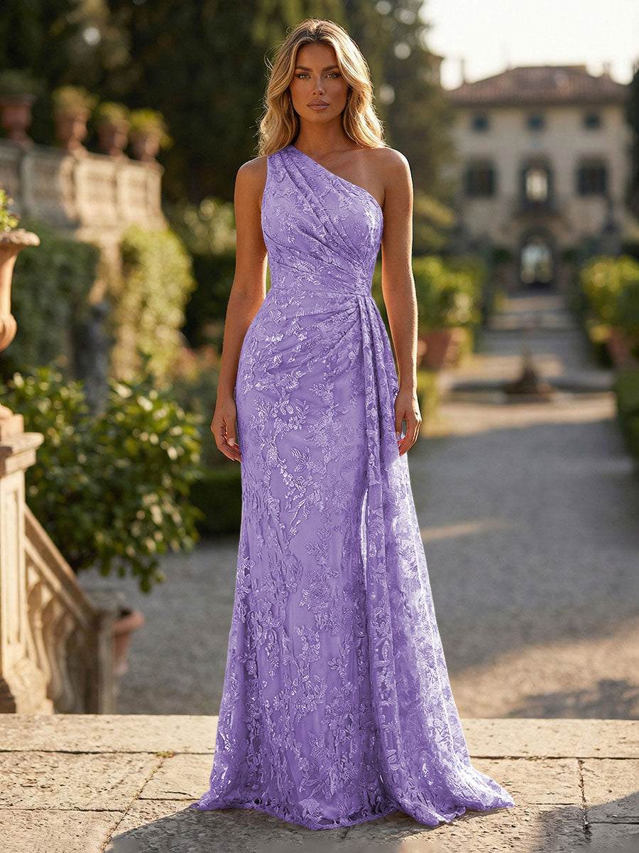 Floral Lace Embroidered One Shoulder Ruched Waist Side Train Maxi Dress