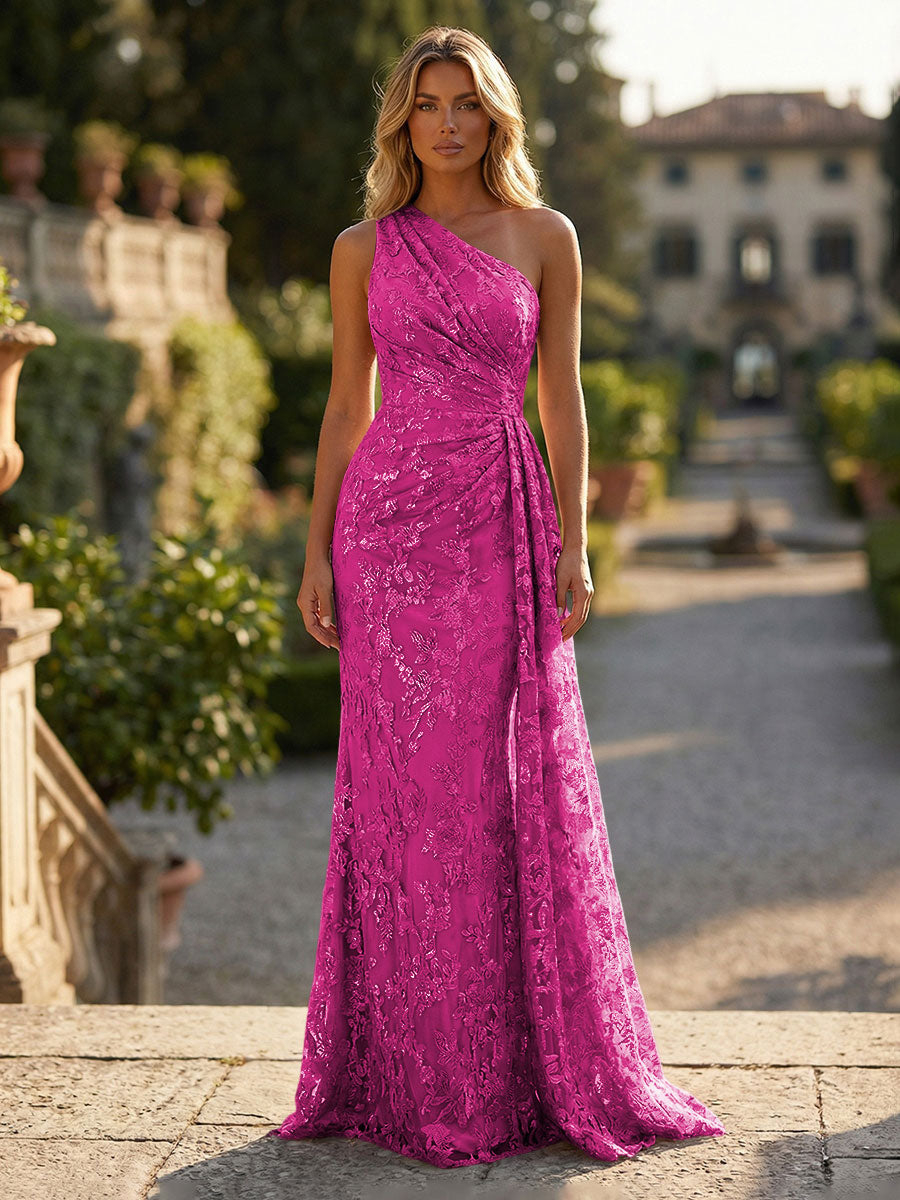 Floral Lace Embroidered One Shoulder Ruched Waist Side Train Maxi Dress