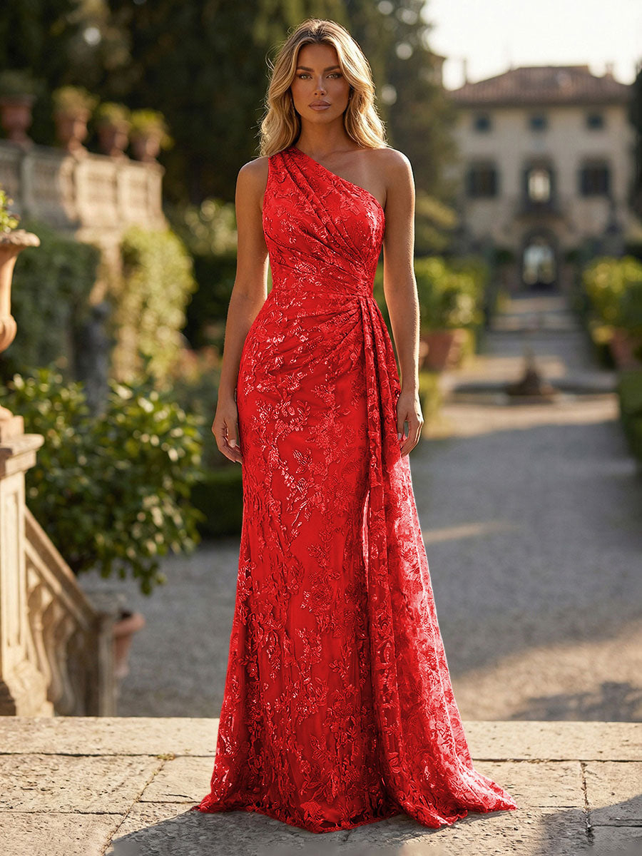 Floral Lace Embroidered One Shoulder Ruched Waist Side Train Maxi Dress