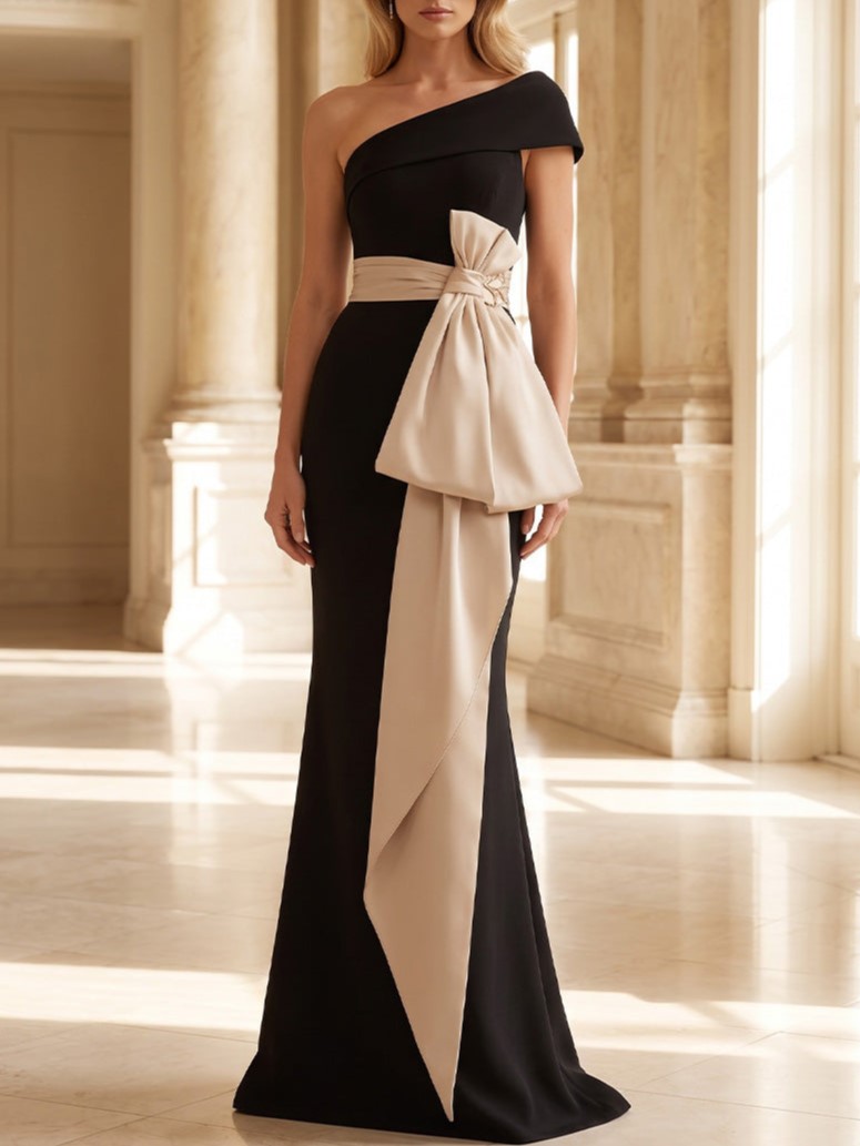 mermaid jersey maxi dress Black One Shoulder Stretch Evening Dresses with Ruffles & Bow – vulldy color-denim