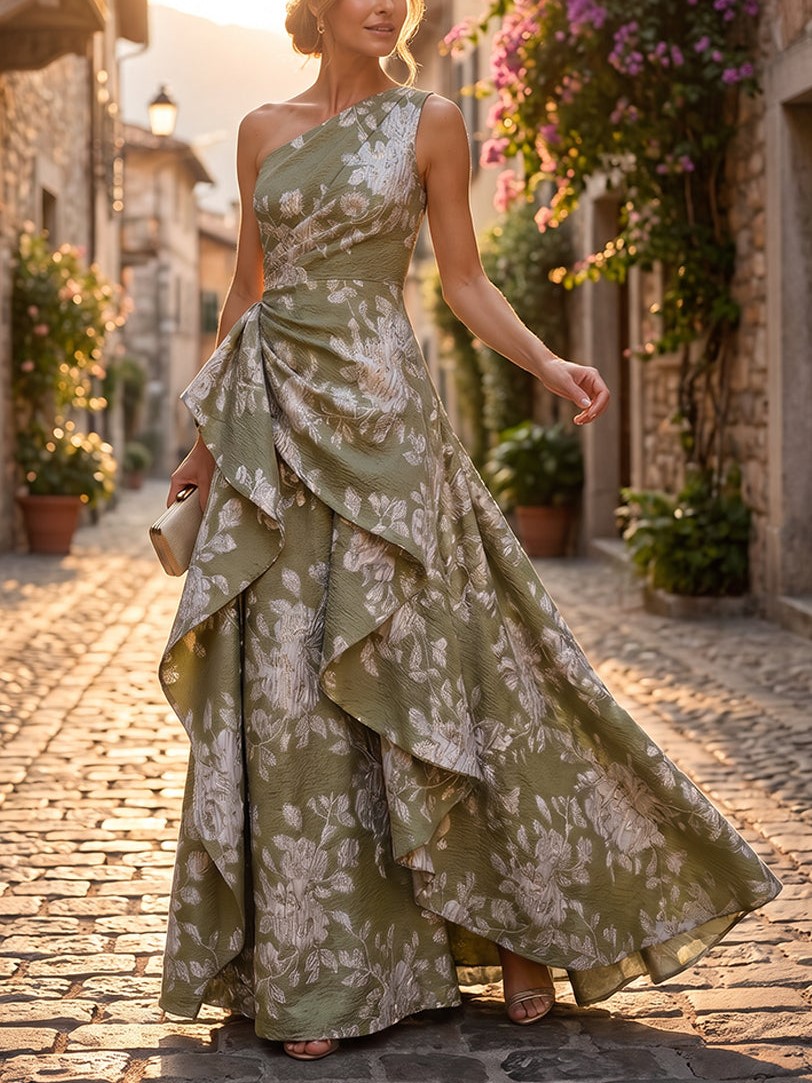 Green A-Line One Shoulder Jacquard with Ruffles & Ruched Waist Maxi Dress
