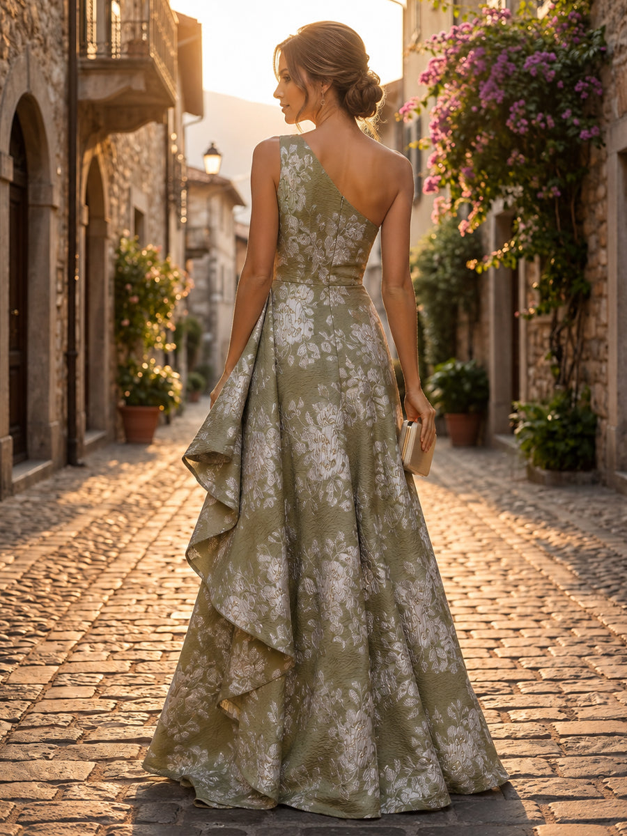 Green A-Line One Shoulder Jacquard with Ruffles & Ruched Waist Maxi Dress