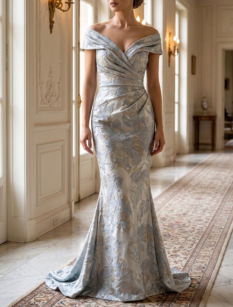 Mermaid Off Shoulder Jacquard Maxi Evening Dresses with Ruched Waist & Sweep Train