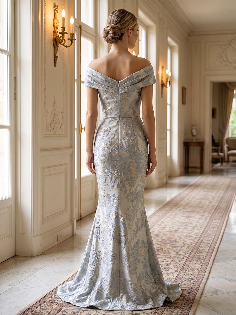 Mermaid Off Shoulder Jacquard Maxi Evening Dresses with Ruched Waist & Sweep Train