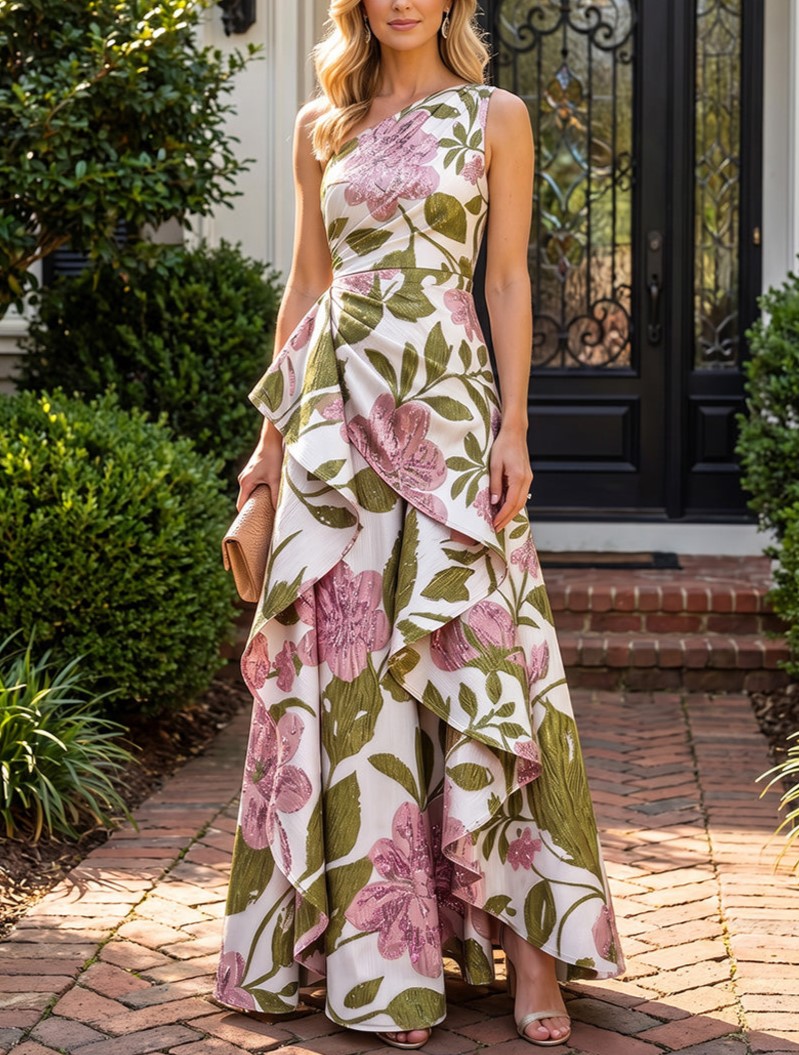 A-Line One Shoulder Jacquard Maxi Evening Dresses with Ruffles