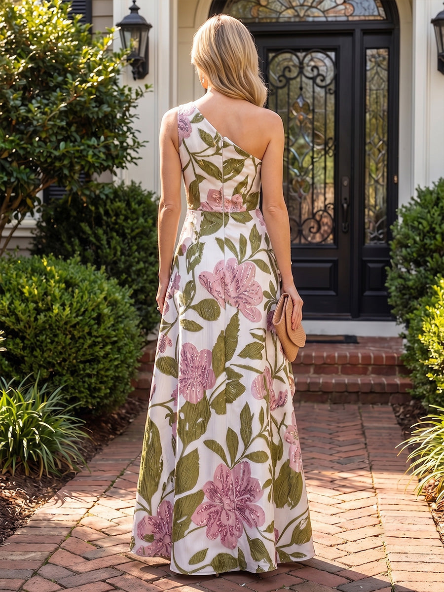 A-Line One Shoulder Jacquard Maxi Evening Dresses with Ruffles