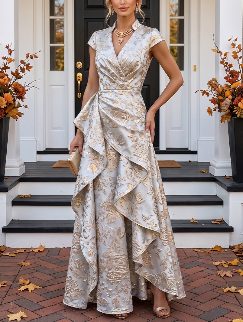 A-Line V-Neck Jacquard Maxi Evening Dresses with Ruffles & Ruched Waist