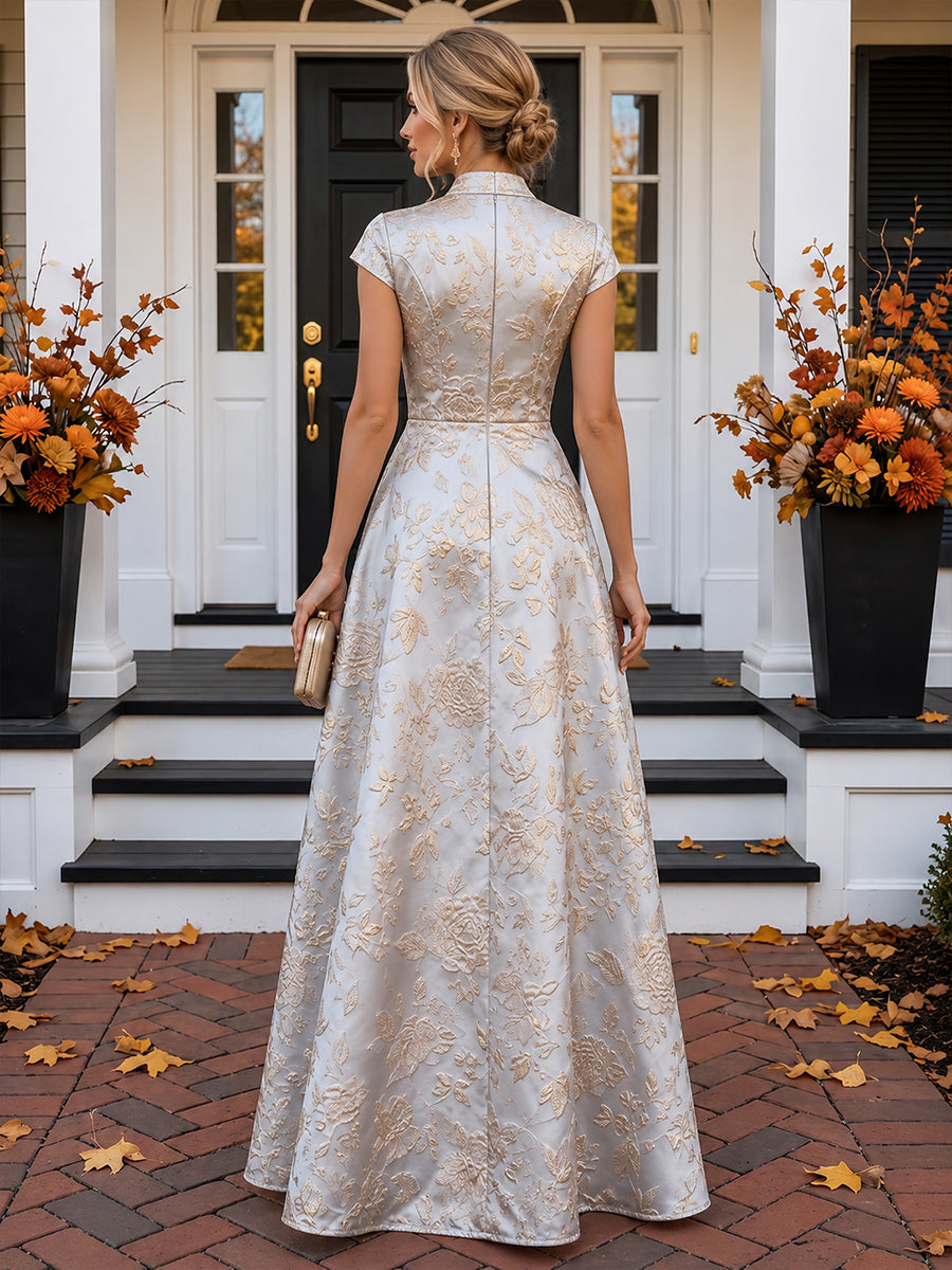 A-Line V-Neck Jacquard Maxi Evening Dresses with Ruffles & Ruched Waist