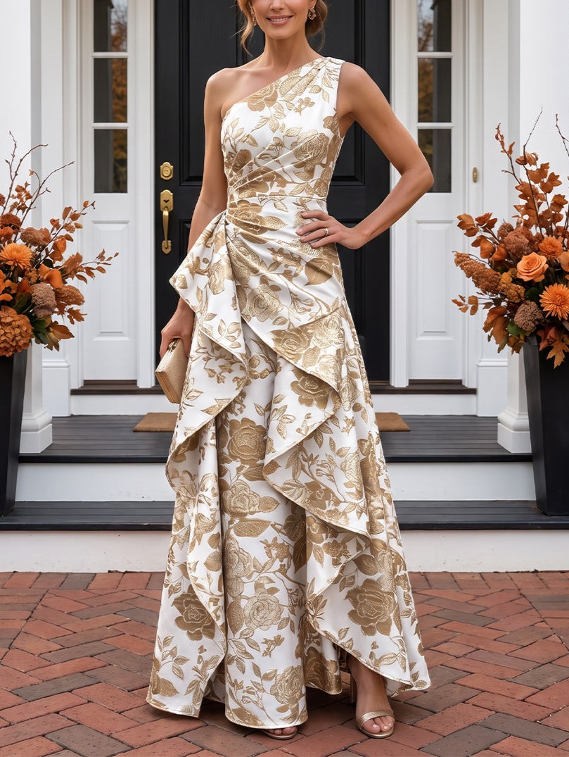 A-Line One Shoulder Jacquard Maxi Evening Dresses with Ruffles & Ruched Waist