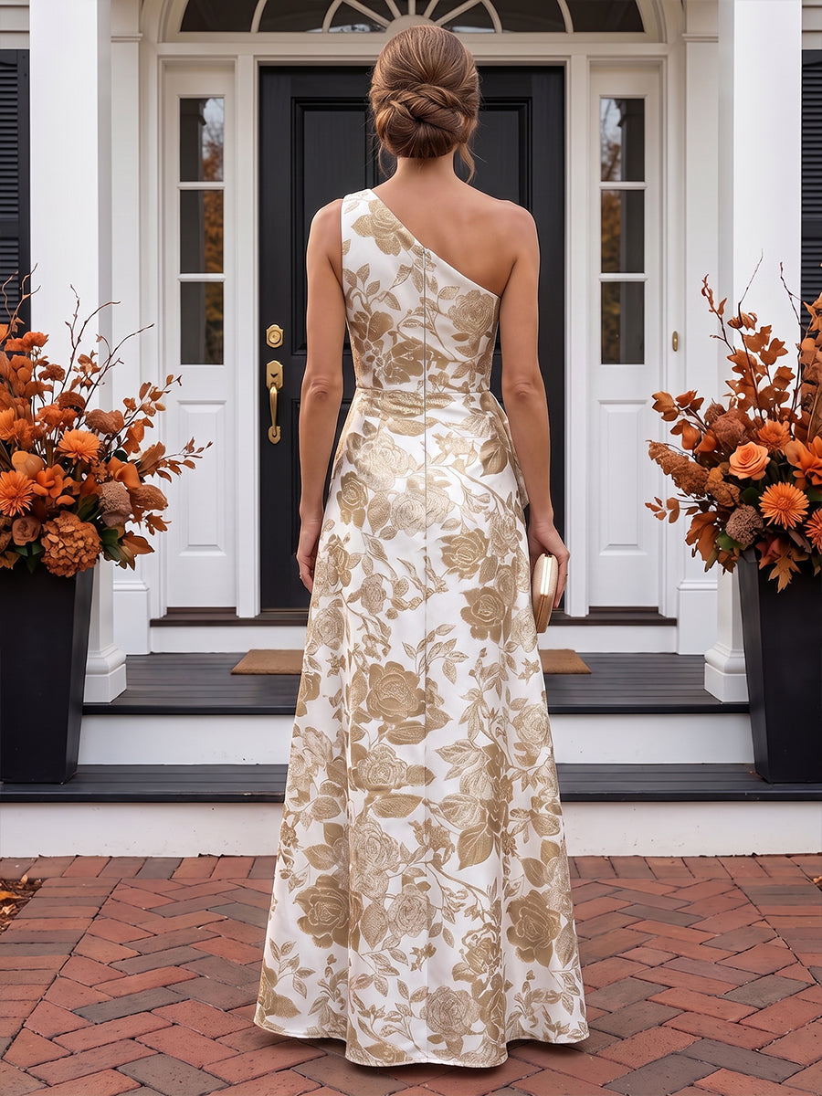 A-Line One Shoulder Jacquard Maxi Evening Dresses with Ruffles & Ruched Waist