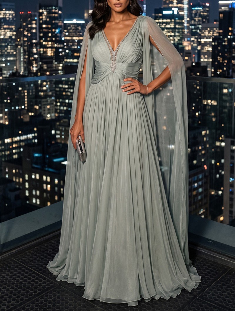 A-Line V-Neck Chiffon Maxi Evening Dresses with Pleats & Side Sash