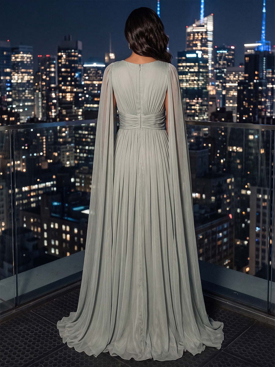 A-Line V-Neck Chiffon Maxi Evening Dresses with Pleats & Side Sash
