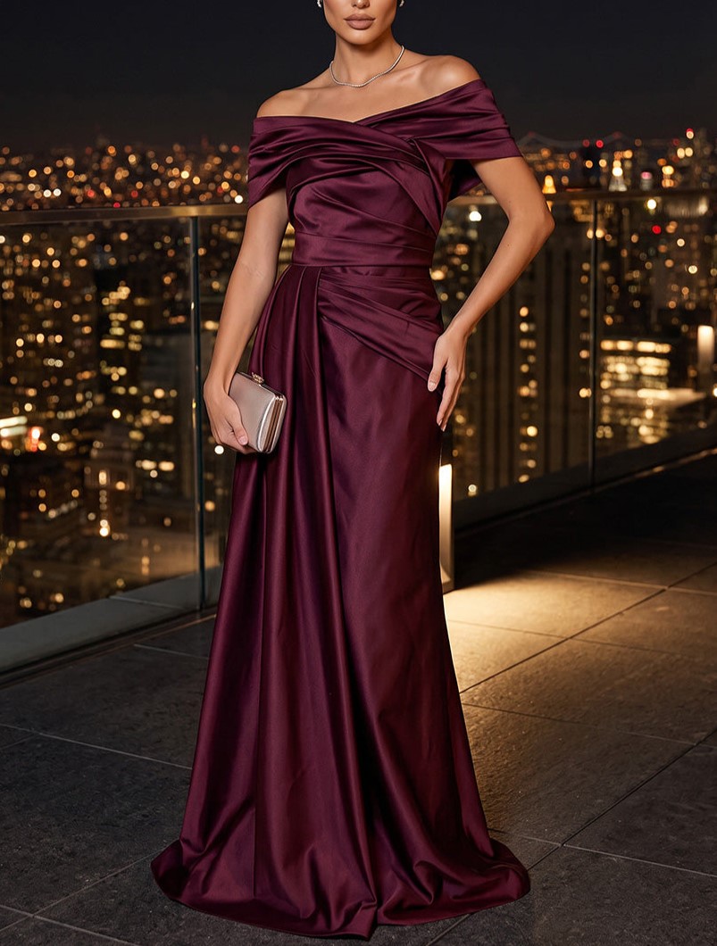 Burgundy Sheath Off Shoulder Satin Maxi Evening Dresses with Ruched Waist 