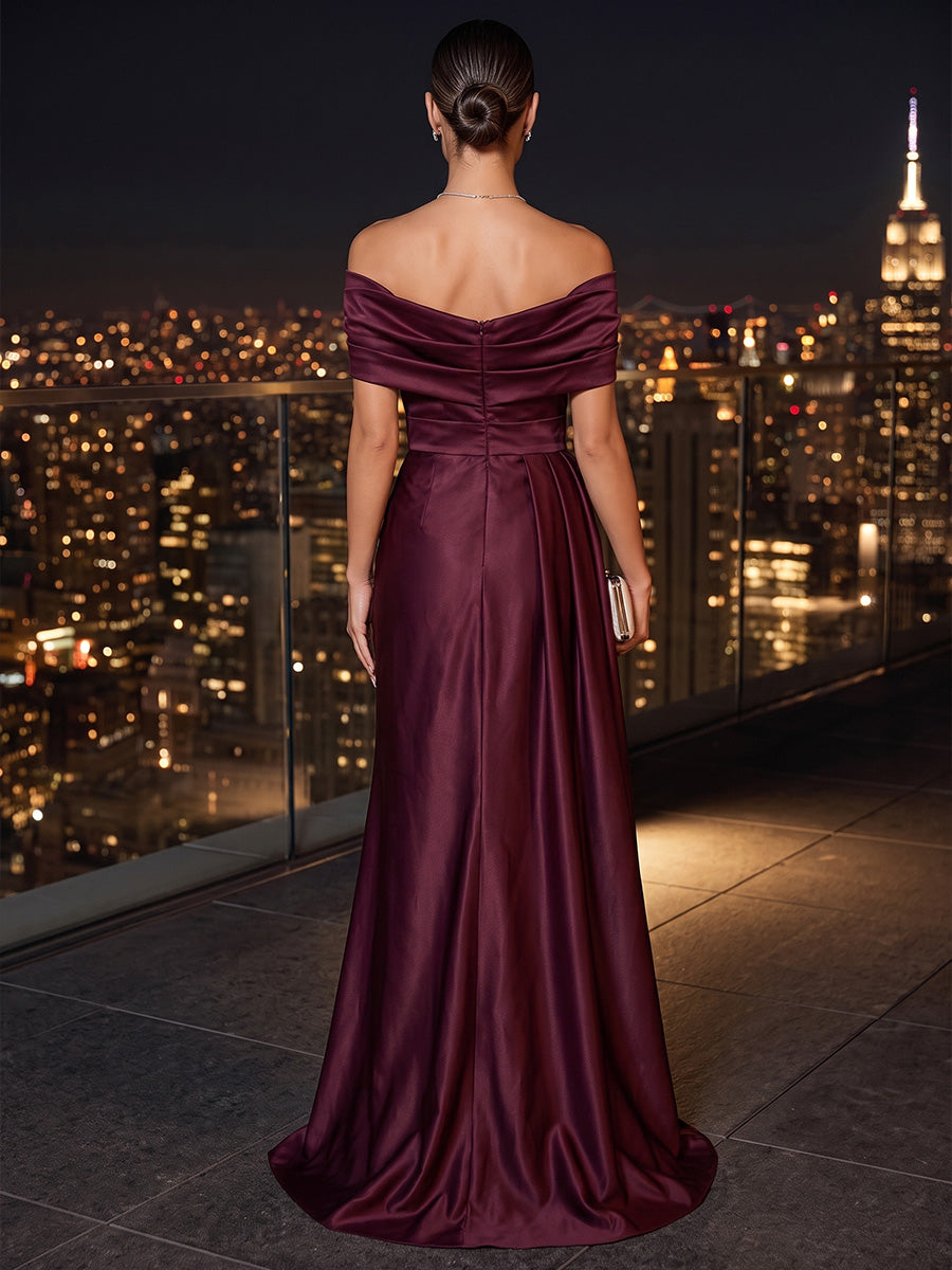 Burgundy Sheath Off Shoulder Satin Maxi Evening Dresses with Ruched Waist 