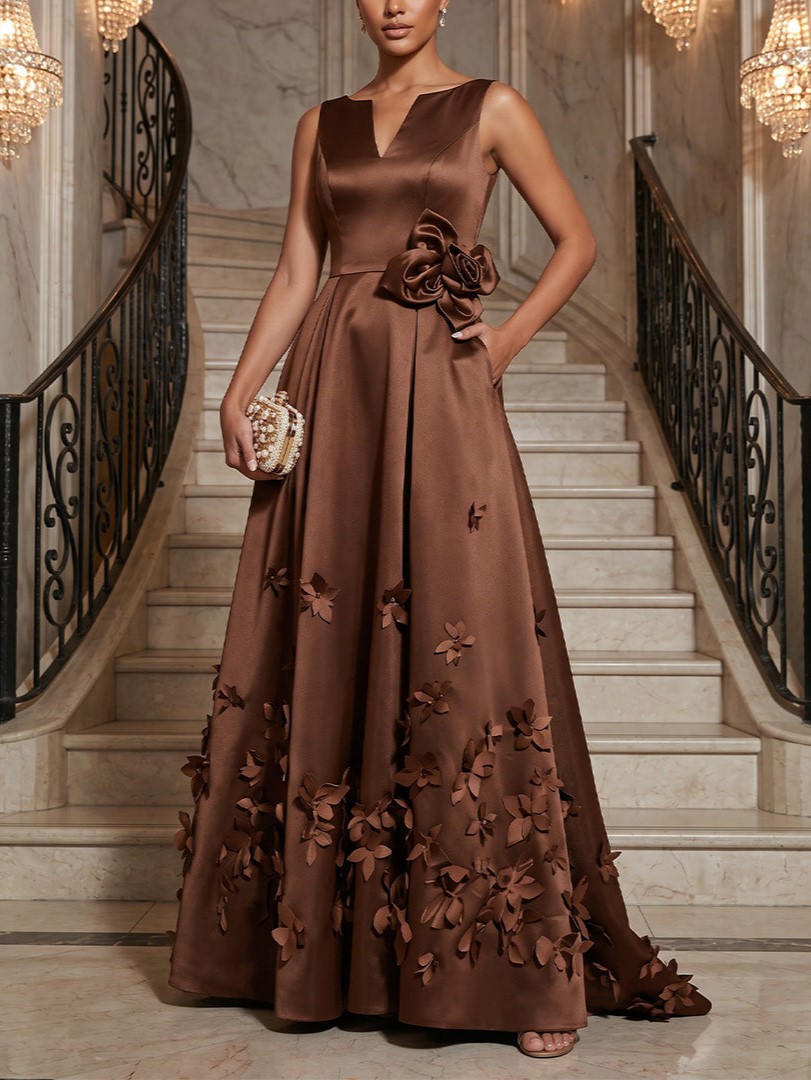 Chocolate A-Line V-Neck Satin Maxi Evening Dresses with 3D Flowers & Pleats