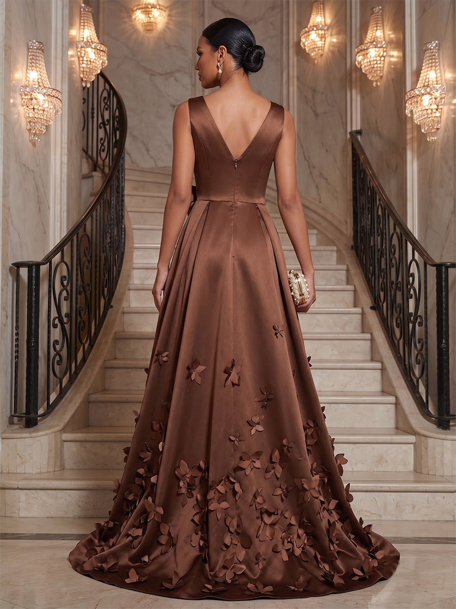 Chocolate A-Line V-Neck Satin Maxi Evening Dresses with 3D Flowers & Pleats
