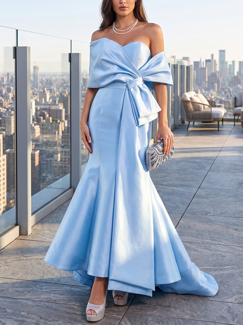 Light Blue Mermaid Off Shoulder Satin Maxi Dress with Ruched Waist & Sweep Train