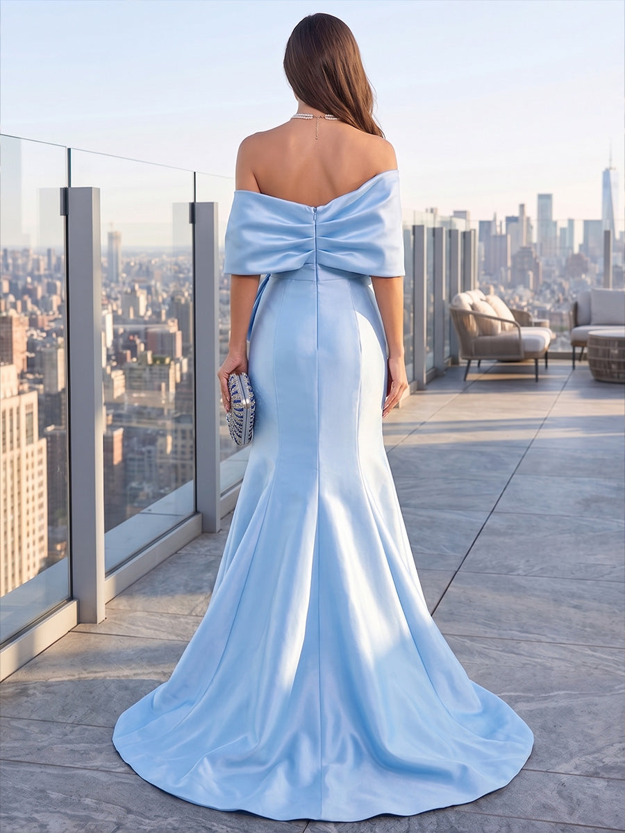 Light Blue Mermaid Off Shoulder Satin Maxi Dress with Ruched Waist & Sweep Train