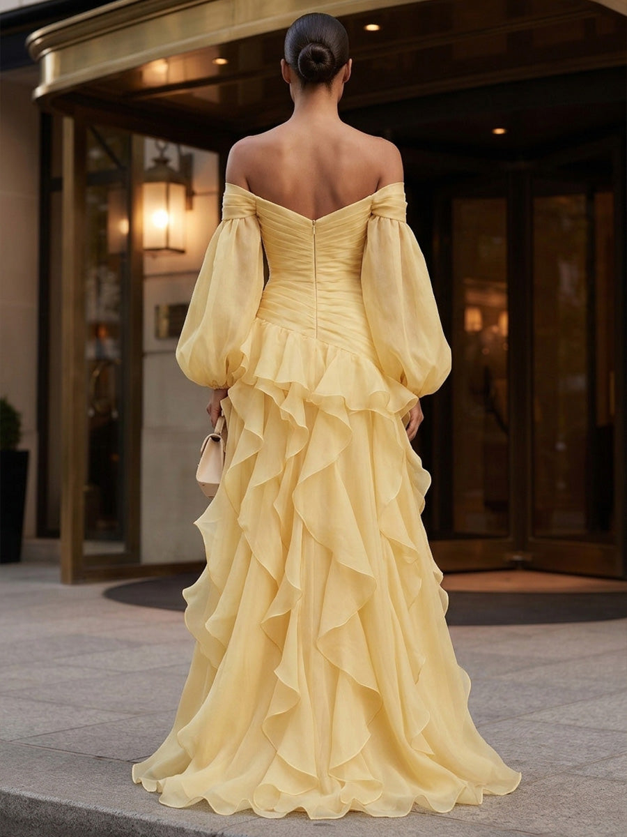 Yellow A-Line Off Shoulder Chiffon Maxi Evening Dresses with Ruffles & Slit