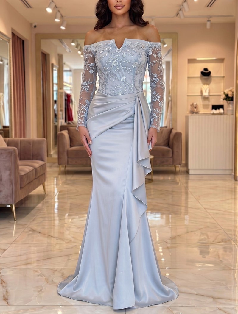 Mermaid Off Shoulder Satin Maxi Evening Dresses with Lace Appliques Sequin & Ruffles