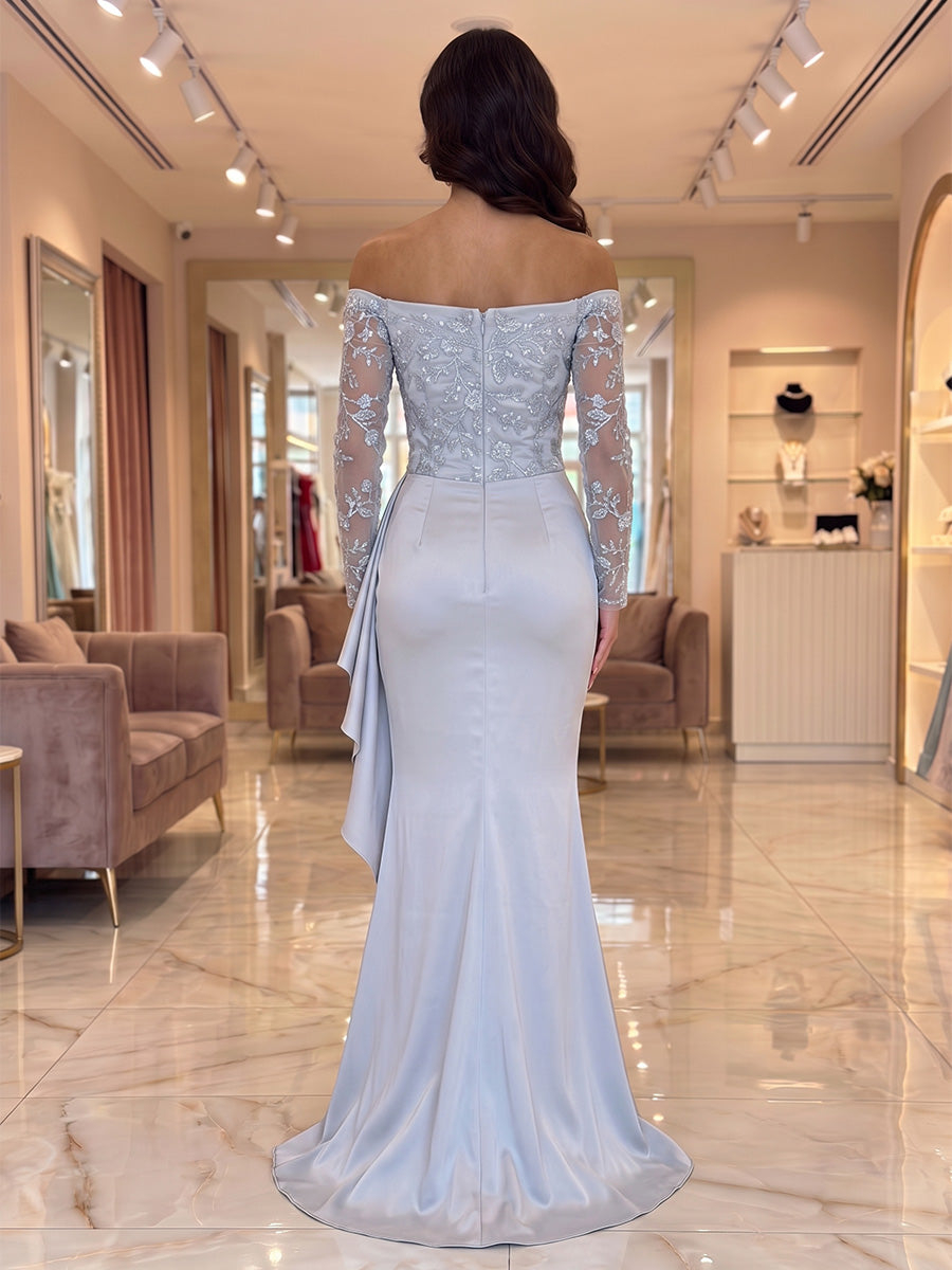 Mermaid Off Shoulder Satin Maxi Evening Dresses with Lace Appliques Sequin & Ruffles