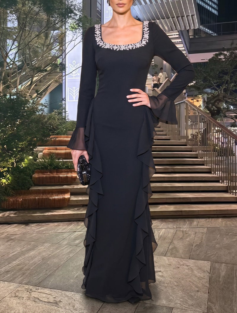 Black Square Neck Beaded Long Flare Sleeve Mermaid Floor‑Length Maxi Dress