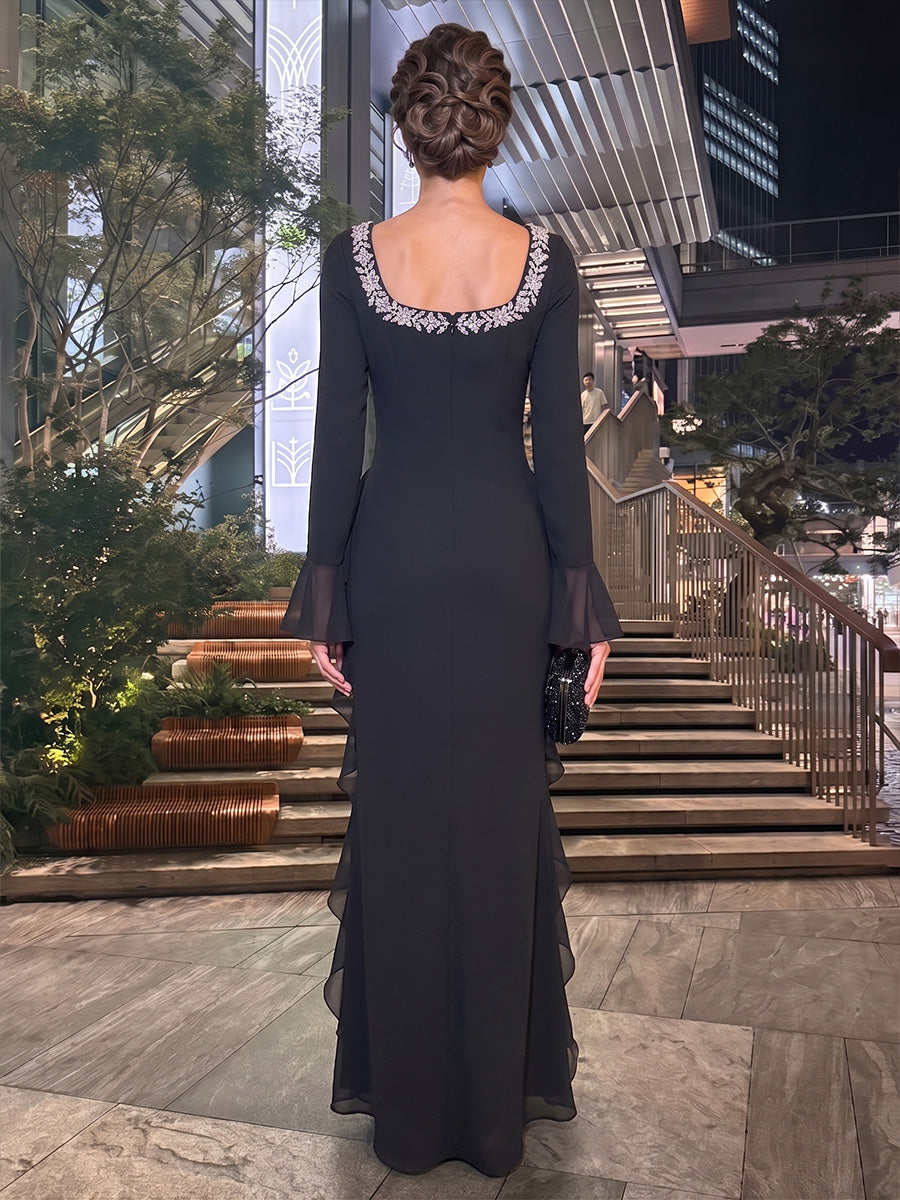 Black Square Neck Beaded Long Flare Sleeve Mermaid Floor‑Length Maxi Dress