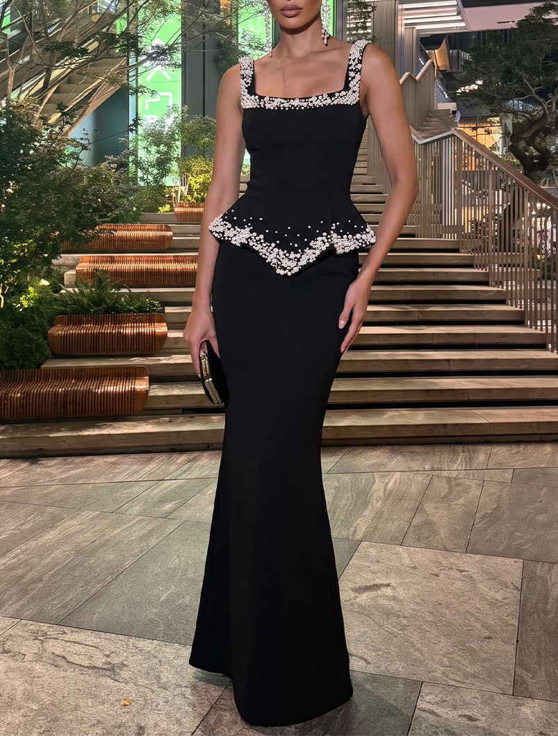 Black Square Neck Beaded Peplum Sleeveless Mermaid Floor‑Length Maxi Dress