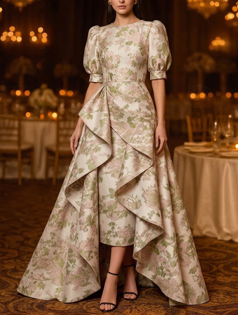 Ivory Floral Round Neck Puff Sleeve High-Low Ball Gown Maxi Dress