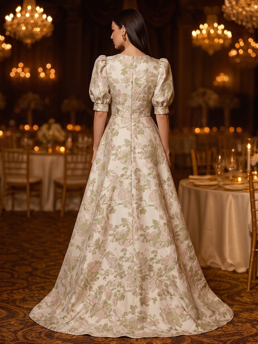 Ivory Floral Round Neck Puff Sleeve High-Low Ball Gown Maxi Dress