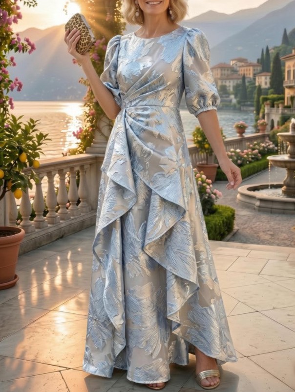 Blue Floral Puff Sleeve Wrap Ruffle Mesh Maxi Dress