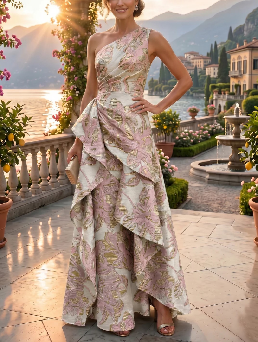 Floral Print A-Line/Princess One Shoulder Floor-Length Evening Dresses with Ruffles