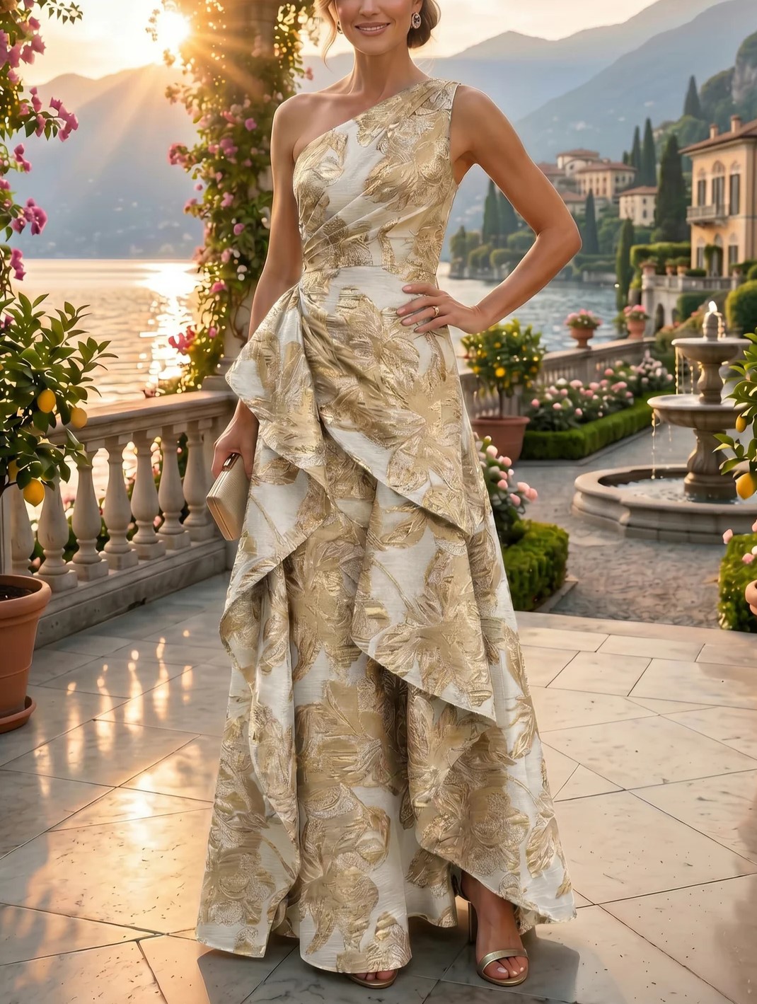 Floral Print A-Line/Princess One Shoulder Floor-Length Evening Dresses with Ruffles