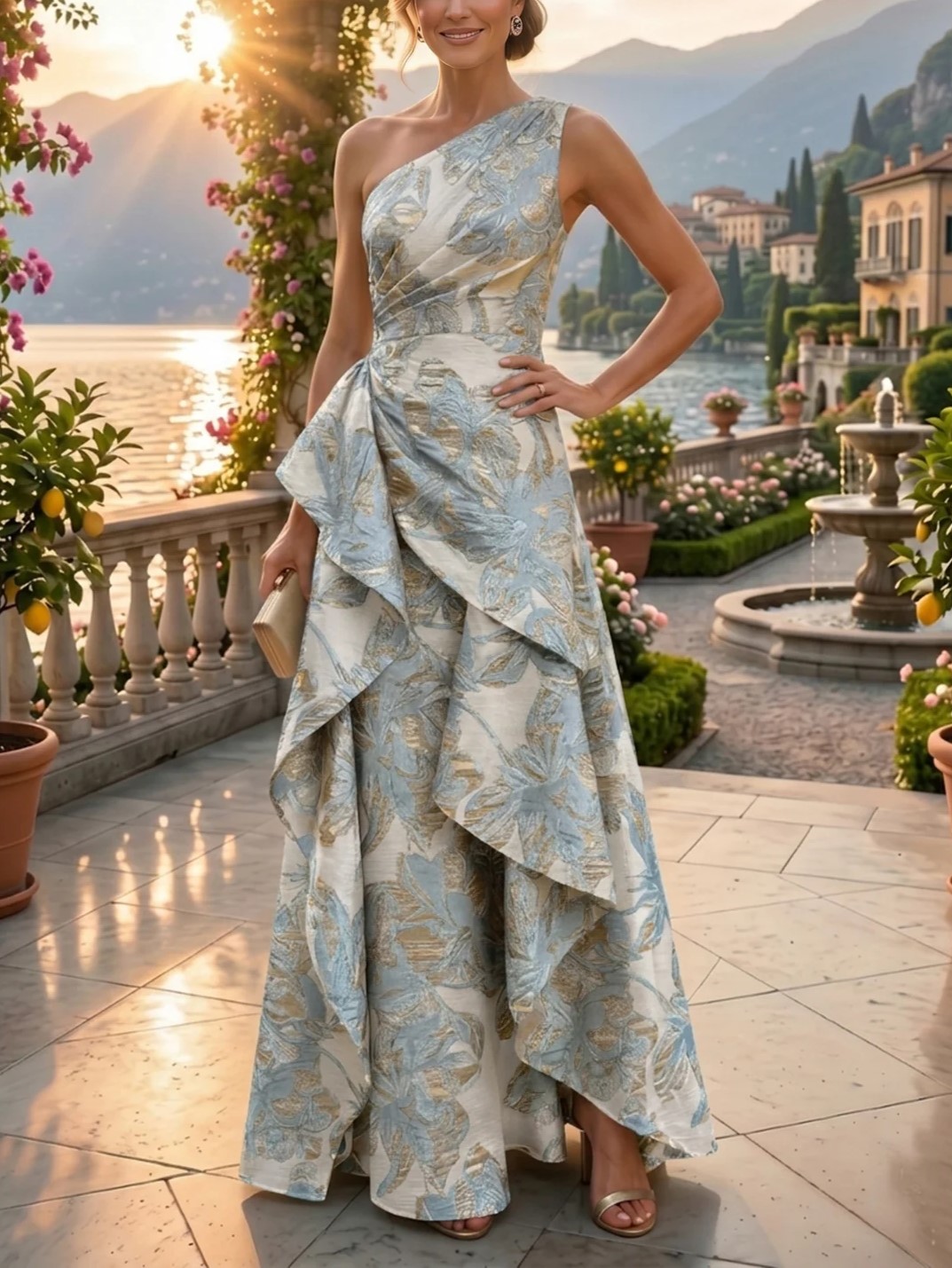 Floral Print A-Line/Princess One Shoulder Floor-Length Evening Dresses with Ruffles