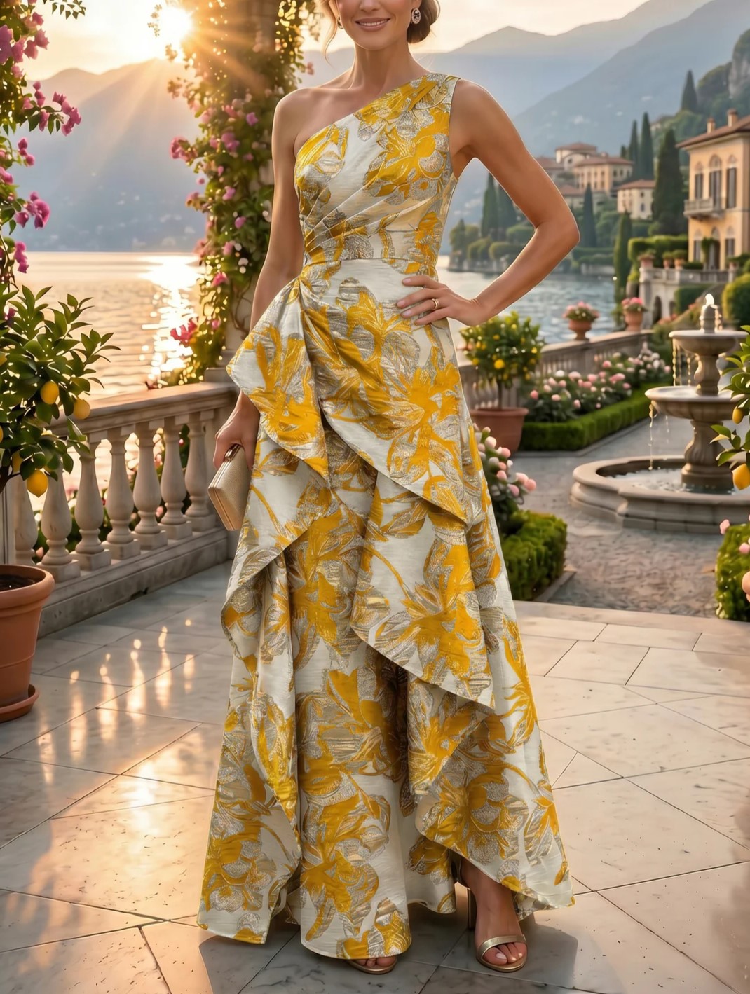 Floral Print A-Line/Princess One Shoulder Floor-Length Evening Dresses with Ruffles