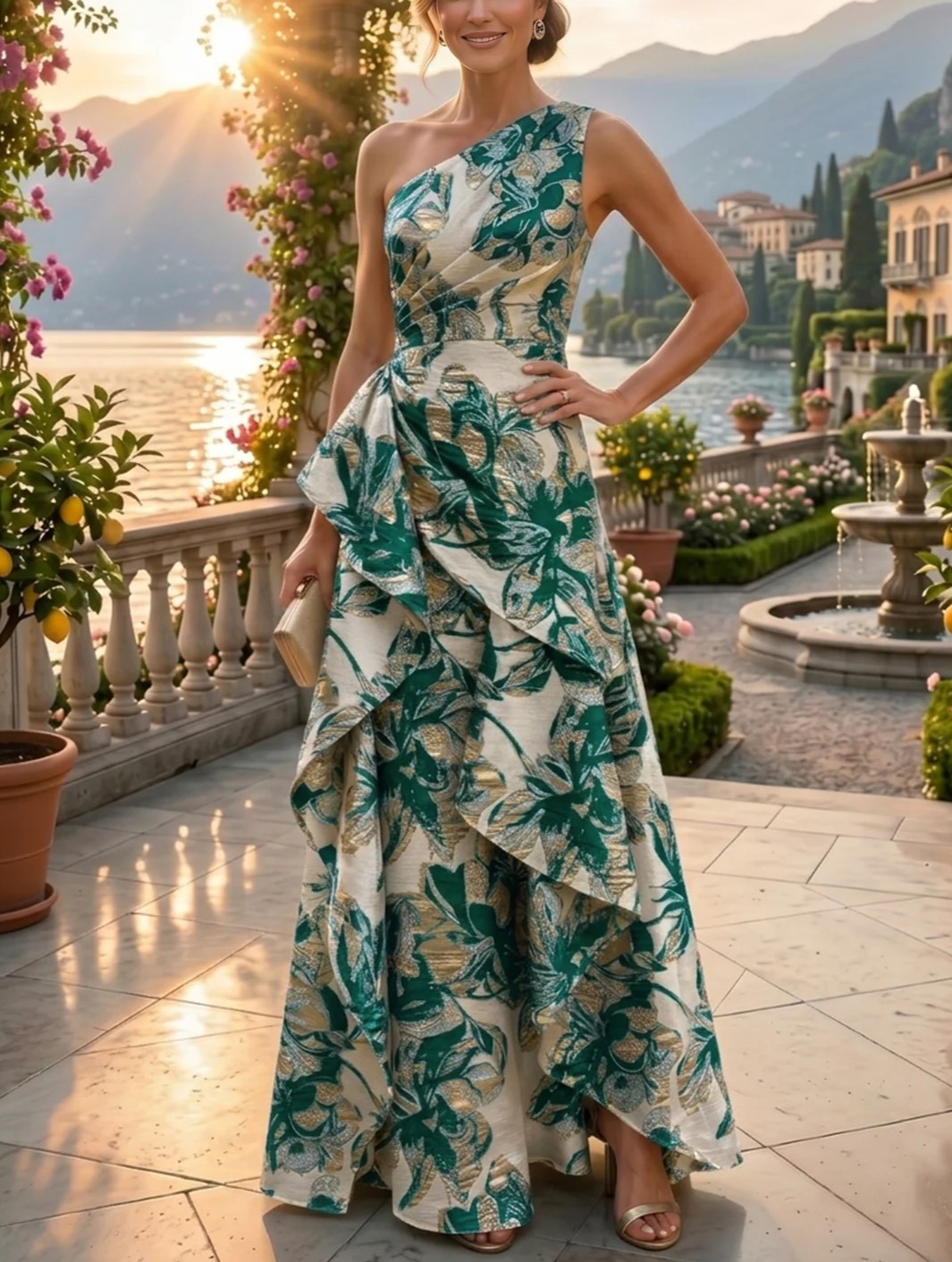 Floral Print A-Line/Princess One Shoulder Floor-Length Evening Dresses with Ruffles
