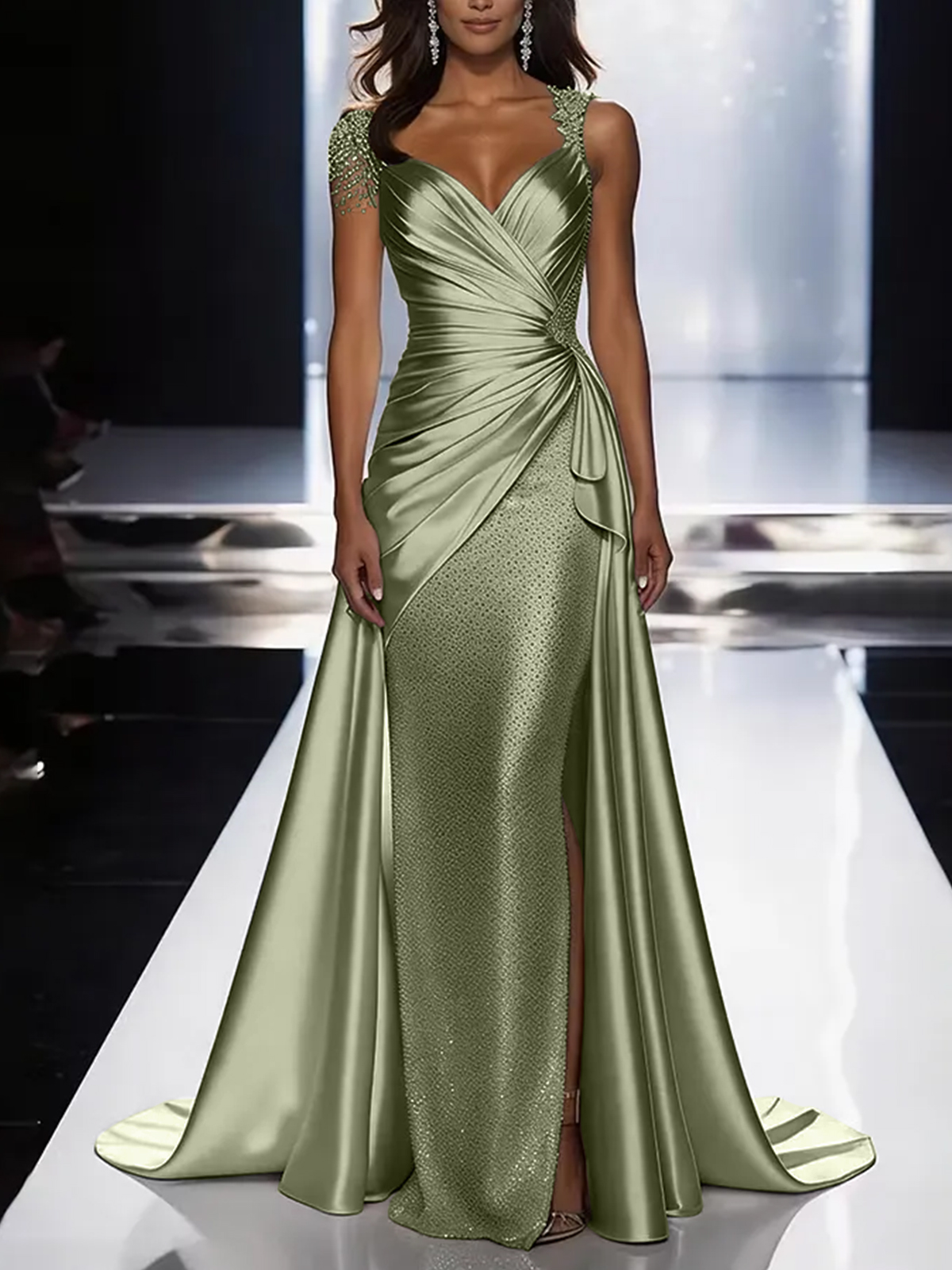 Silver Grey Deep V-Neck Draped Satin Metallic Mermaid Maxi Dress