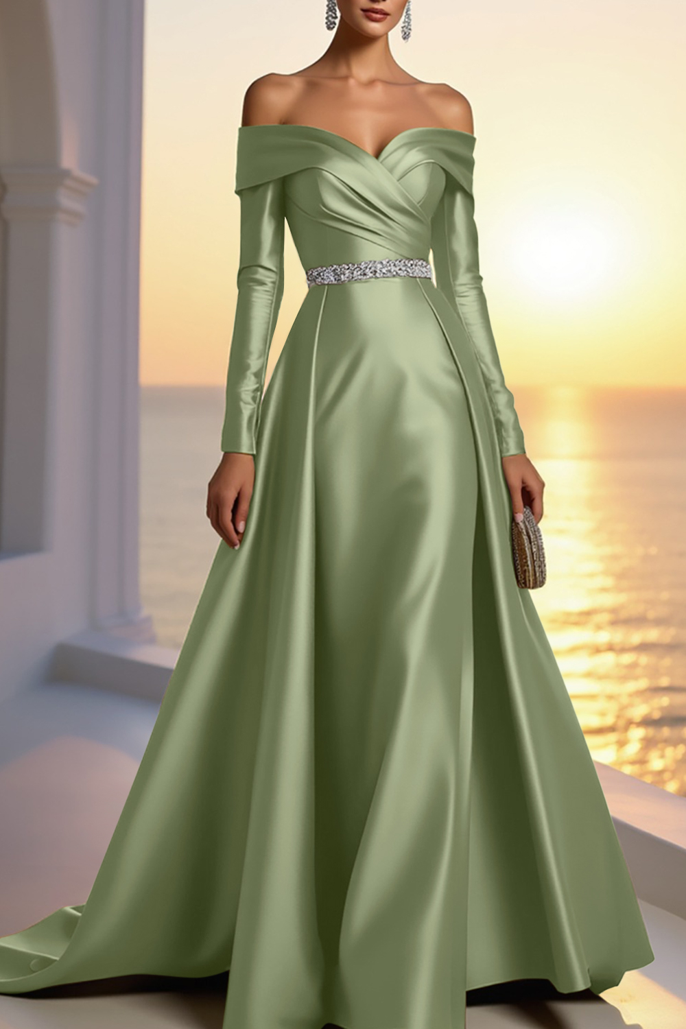 Formal Gold Satin Dress Off The Shoulder Long Sleeve Maxi Gown