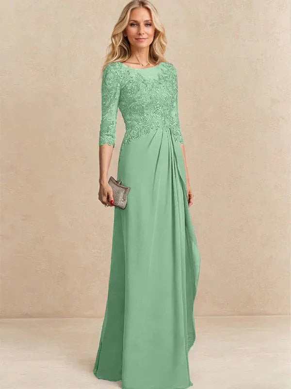 A-line Scoop Illusion Floor-Length Chiffon Lace Mother of the Bride Dress With Beading Sequins Cascading Ruffles