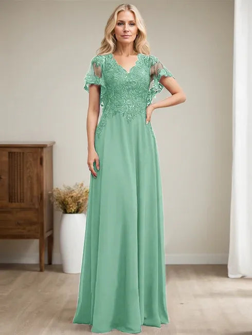 A-line V-Neck Floor-Length Lace Chiffon Mother of the Bride Dress With Sequins