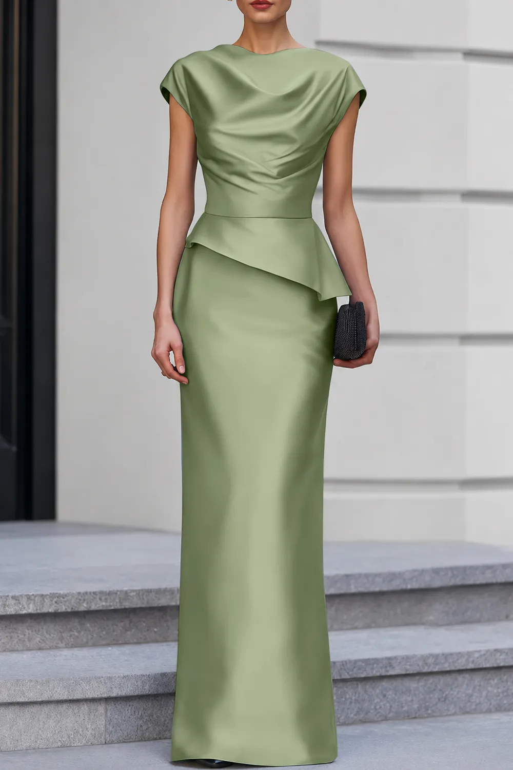 Navy Blue Cap Sleeve Satin Cowl Neck Peplum Maxi Dress