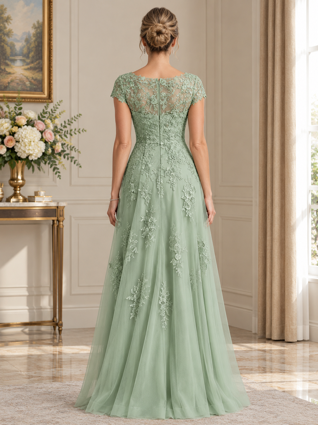 Sage Green Illusion Neck Chiffon Maxi Dress