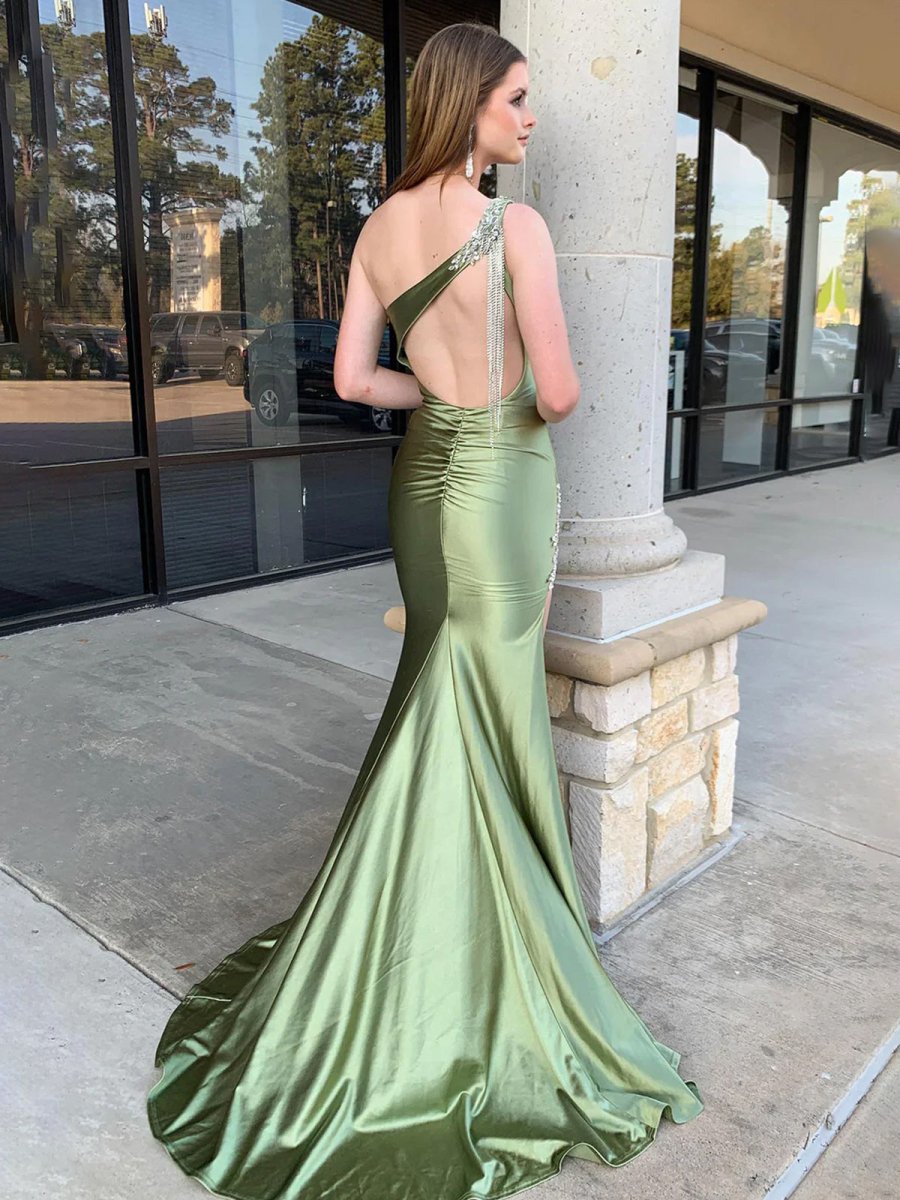 Sage Mermaid One Shoulder Beaded Long Satin Prom Dress with Slit