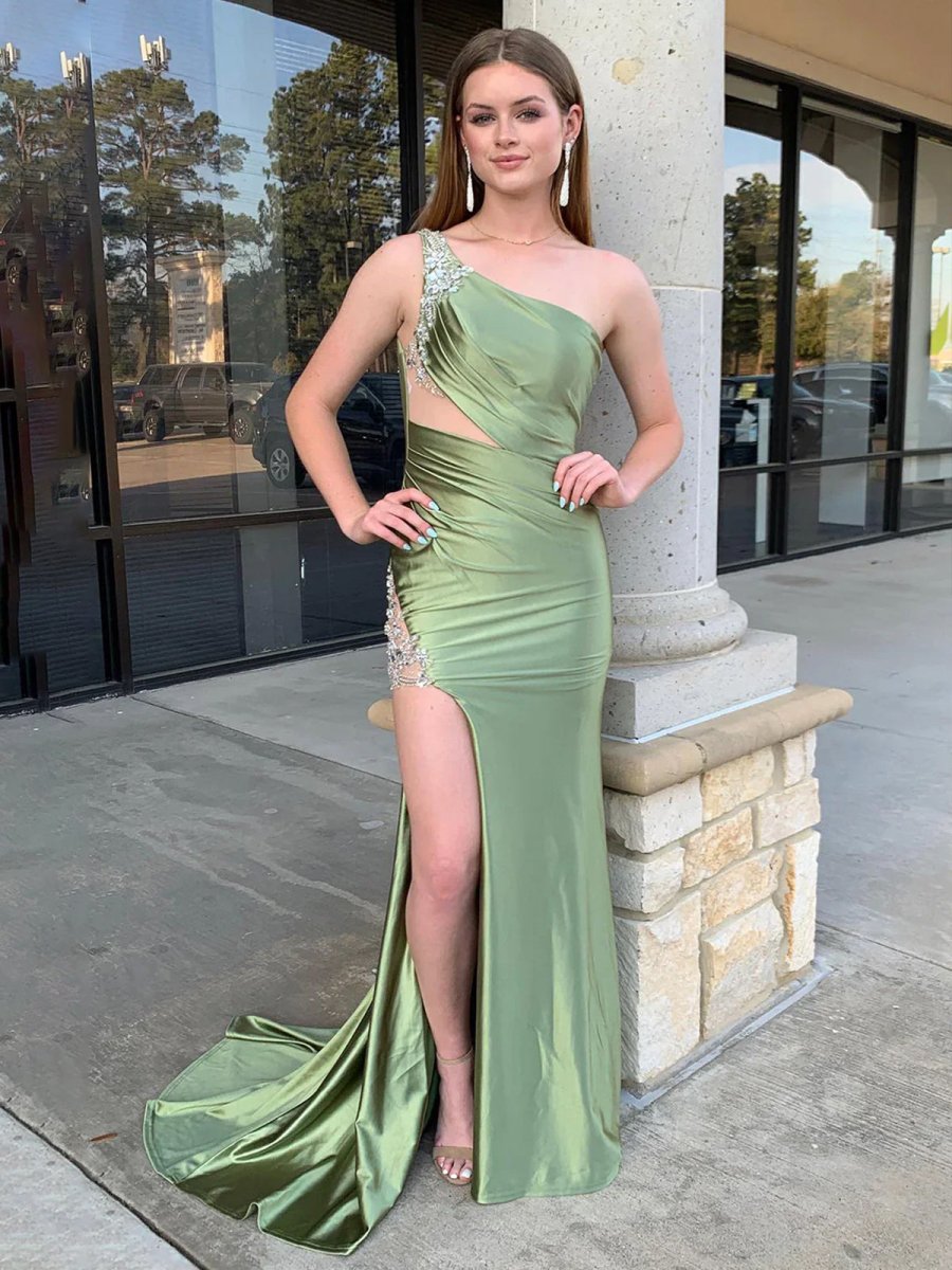 Sage Mermaid One Shoulder Beaded Long Satin Prom Dress with Slit
