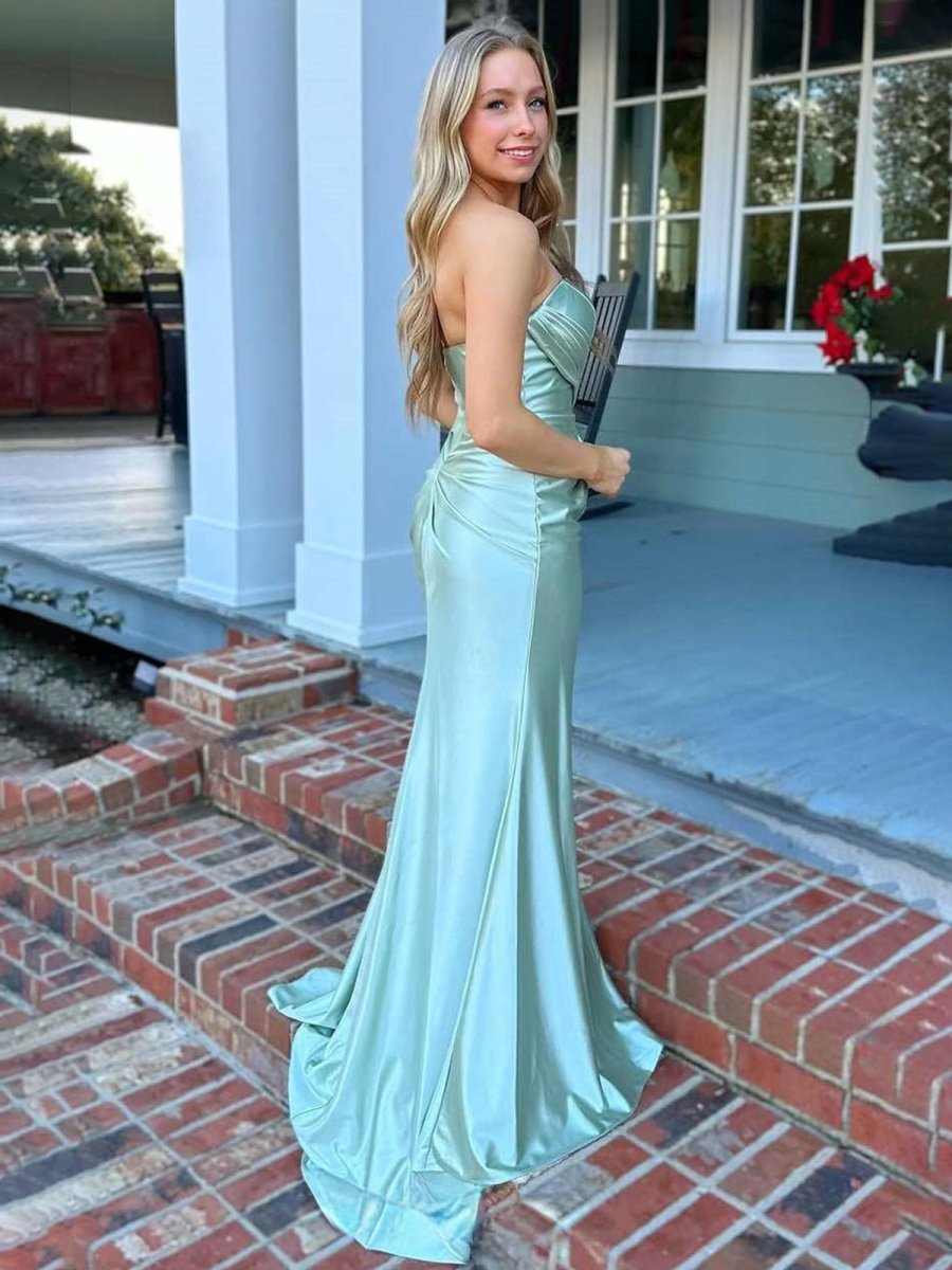 Sage Mermaid Pleats Strapless Long Prom Dress with Slit