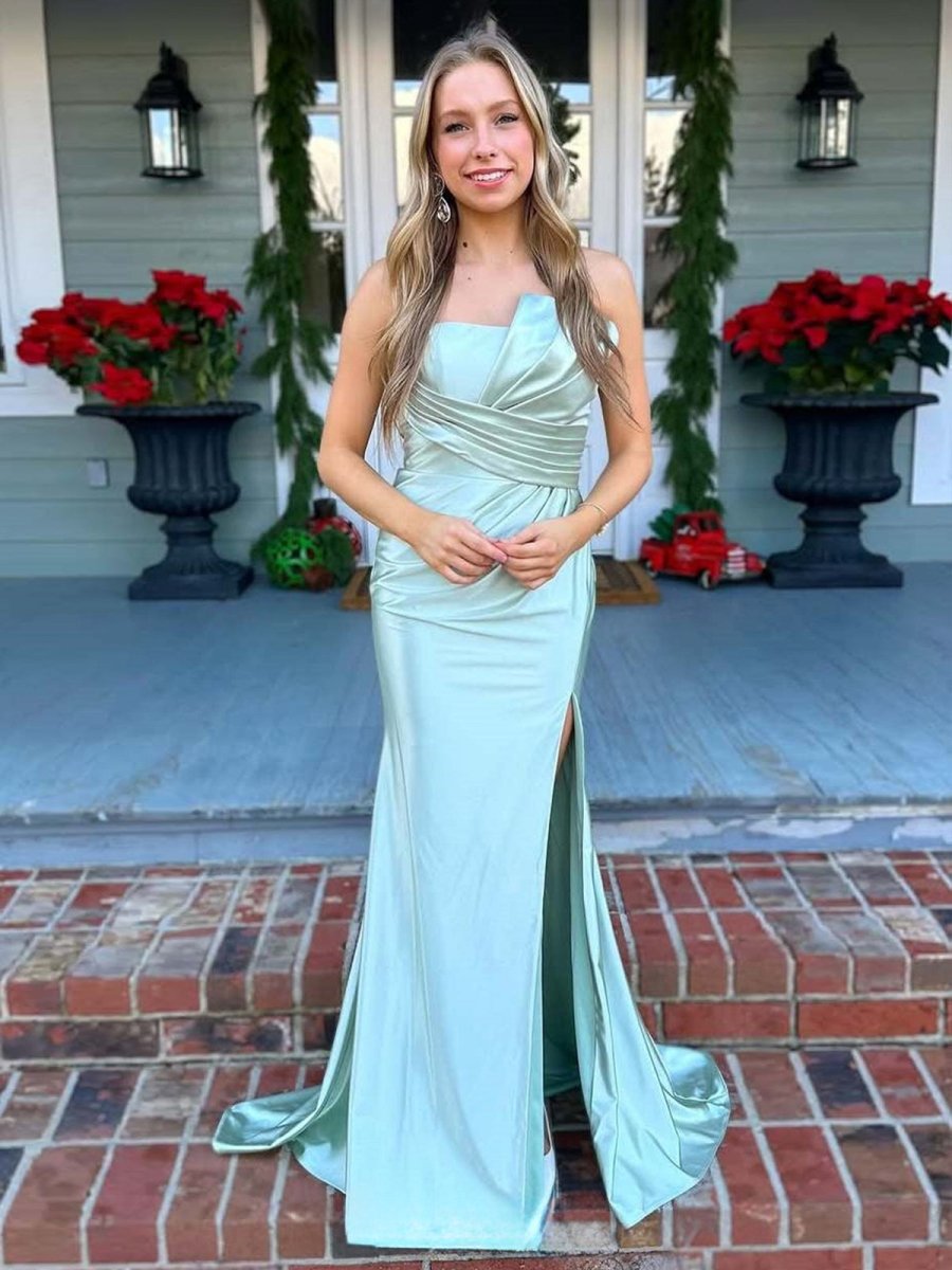 Sage Mermaid Pleats Strapless Long Prom Dress with Slit