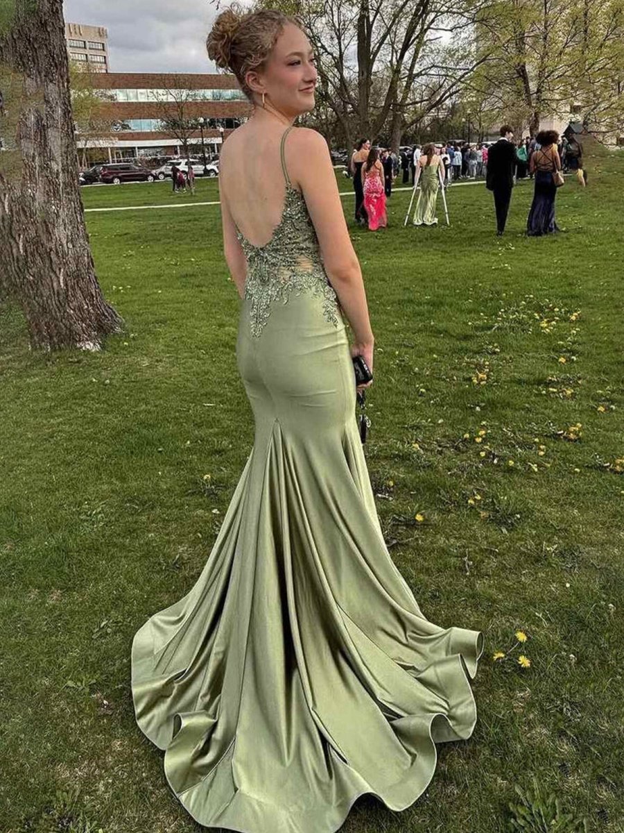 Sage Mermaid Spaghetti Straps Long Prom Dress with Appliques