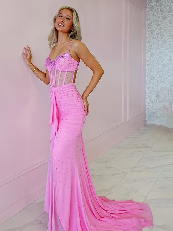 Glitter Pink Mermaid Spaghetti Straps Corset Long Prom Dress with Beading