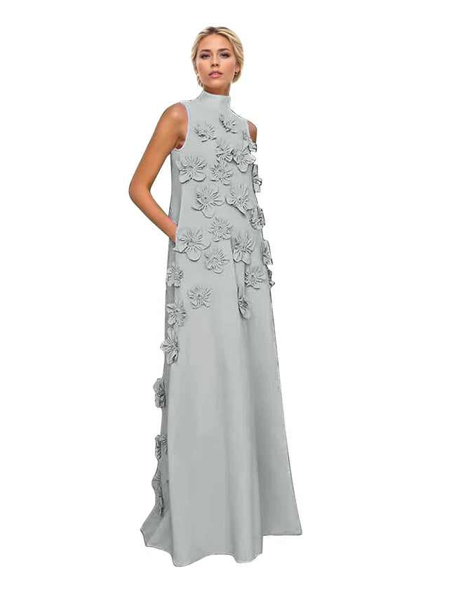 A Line High Neck Sleeveless Floor Length Stretch Crepe Dress With 3D Flowers