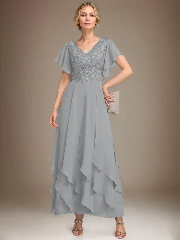 A-line V-Neck Ankle-Length Lace Chiffon Mother of the Bride Dress With Cascading Ruffles